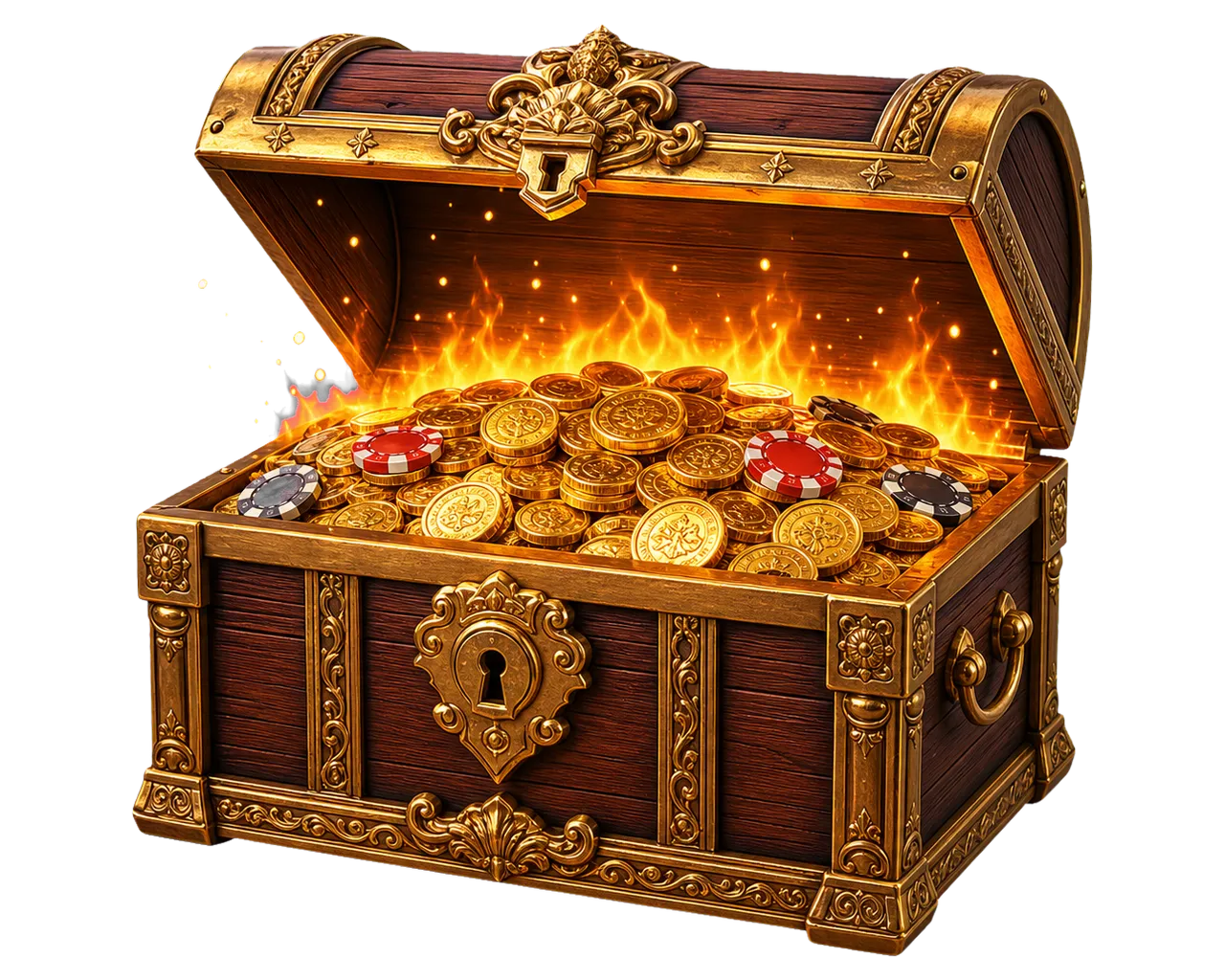 Skrzynia pełna złotych monet w płomieniach — bonus powitalny Fireball Casino